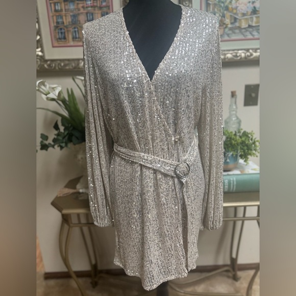 JUDITH MARCH ANTHROPOLOGIE SILVER SEQUIN IRIDESCENT WRAP AROUND PARTY DRESS SZ S - Picture 2 of 10